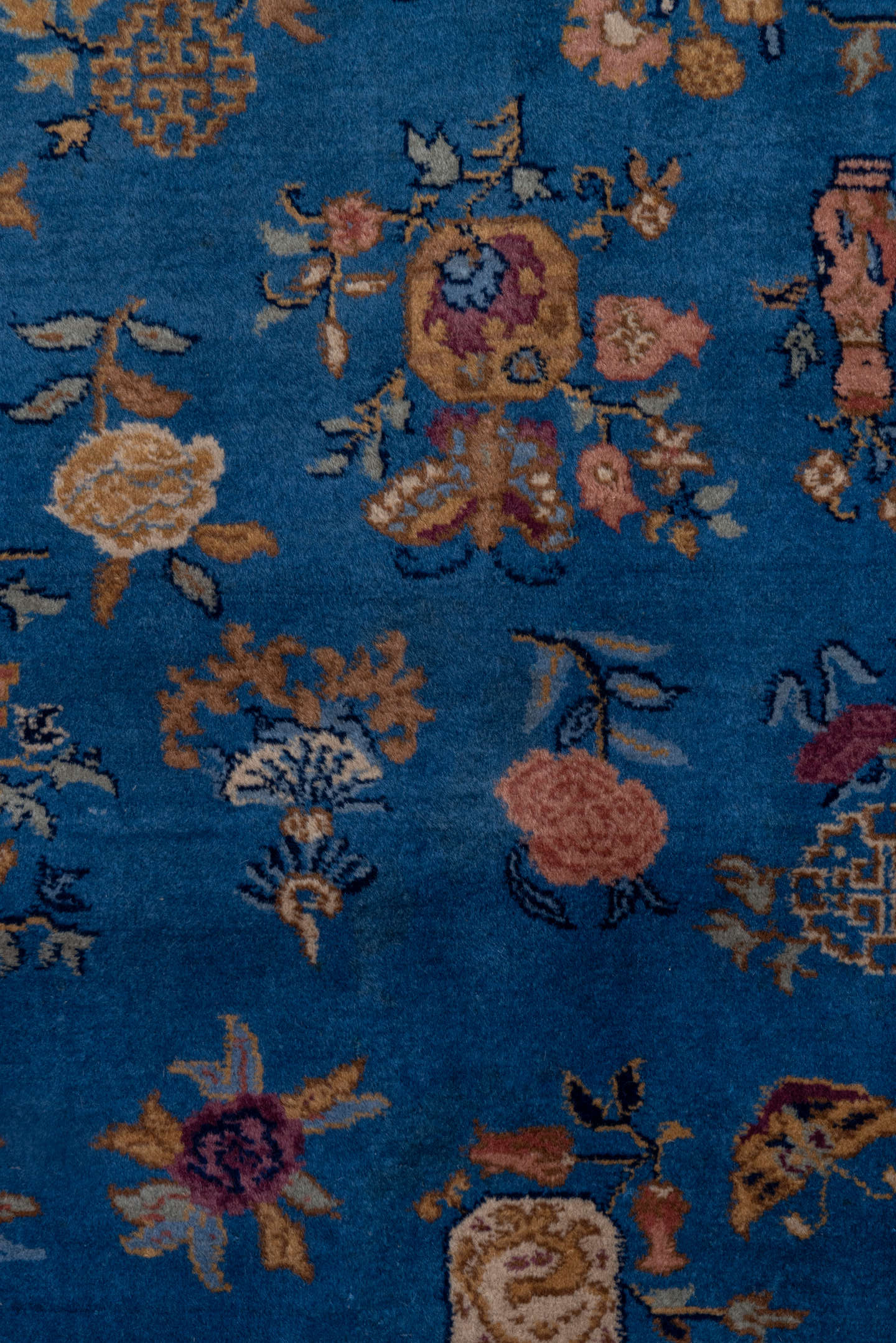 3' x 5' one-of-a-kind handmade antique Indochinese small size rug. Color palette: blue, camel, ivory, burgundy, gold, rose