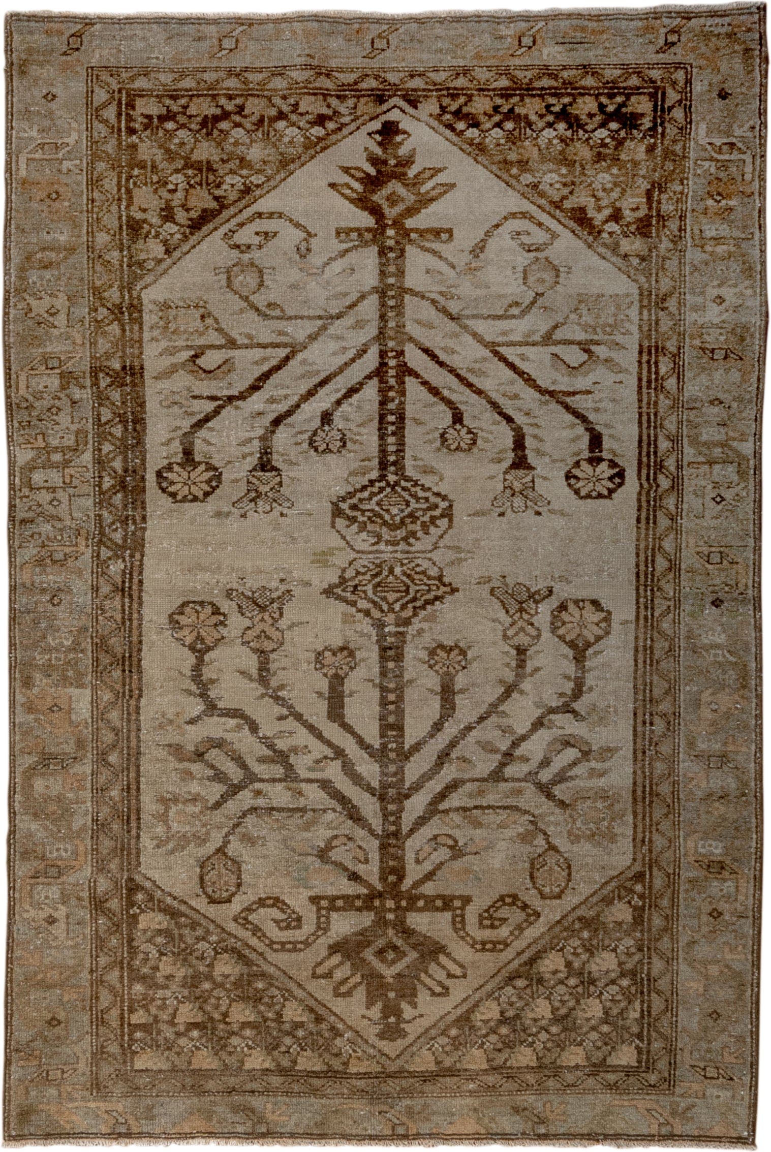 3' x 5' one-of-a-kind handmade antique Malayer small size rug. Color palette: ivory, taupe, brown, camel, beige, sage, gray
