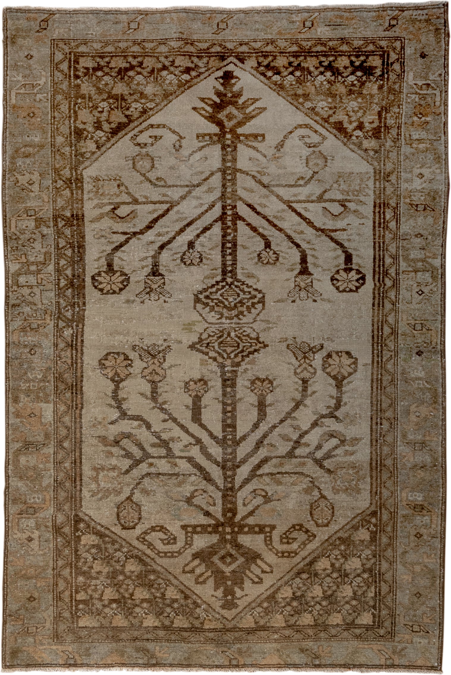 3' x 5' one-of-a-kind handmade antique Malayer small size rug. Color palette: ivory, taupe, brown, camel, beige, sage, gray