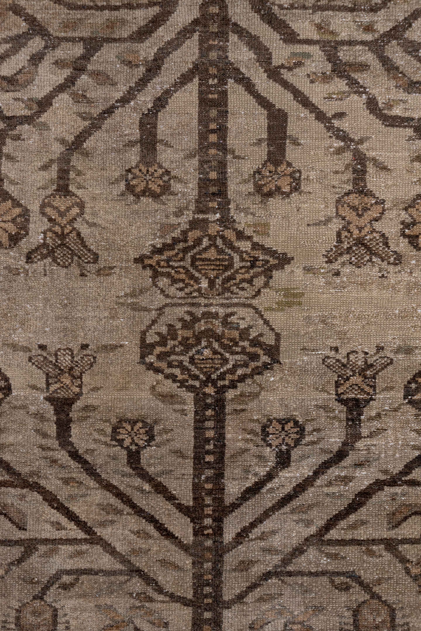3' x 5' one-of-a-kind handmade antique Malayer small size rug. Color palette: ivory, taupe, brown, camel, beige, sage, gray