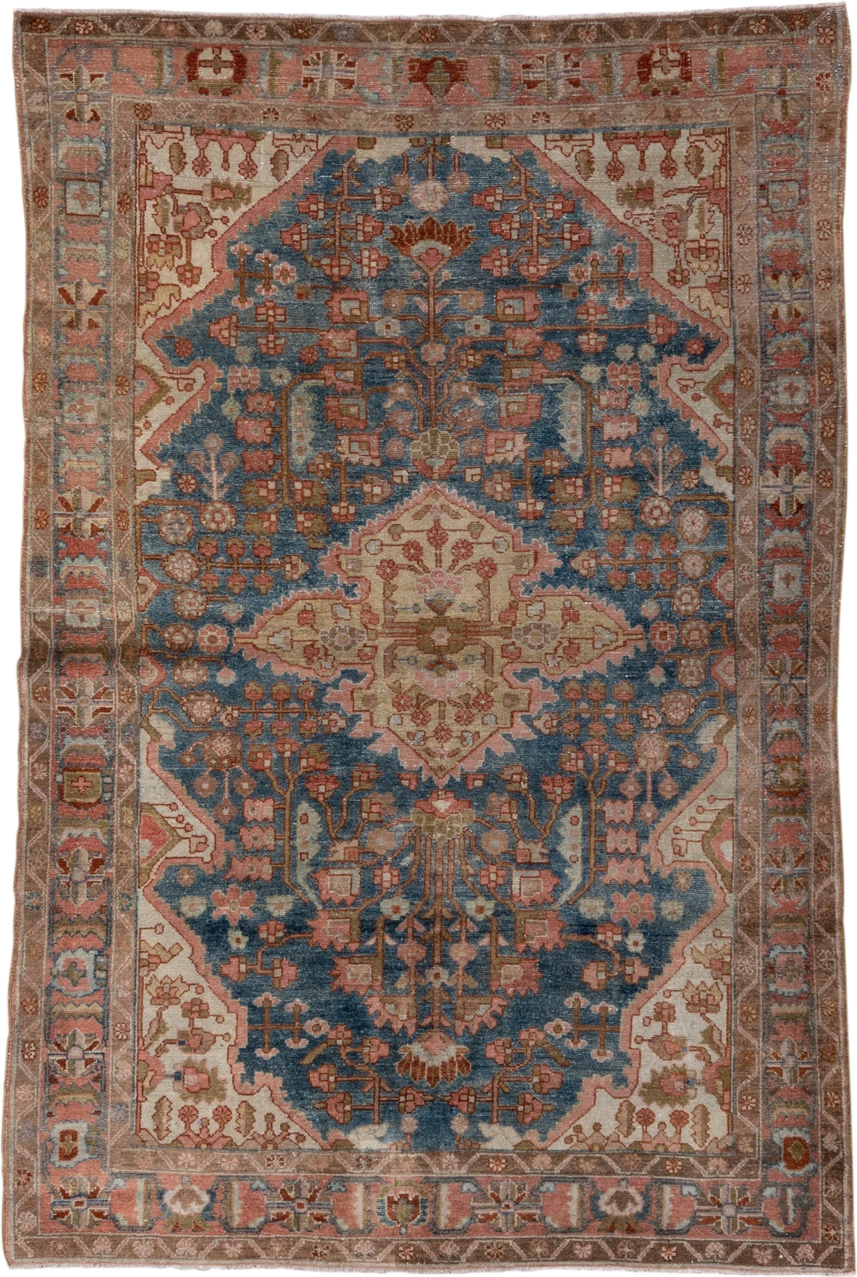 4' x 6' one-of-a-kind handmade antique Malayer small size rug. Color palette: blue, ivory, rose, taupe, rust, sage, brown