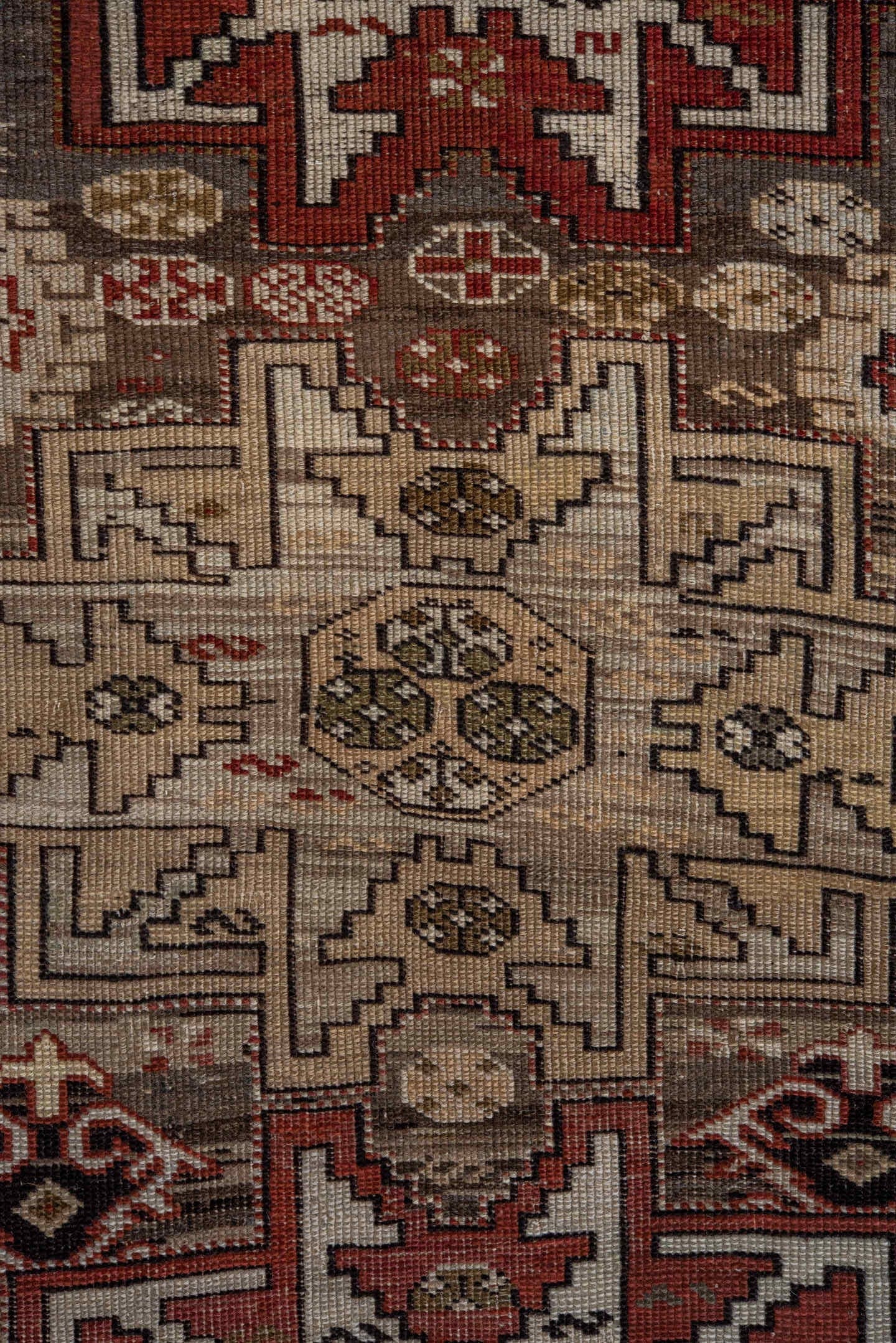 3' x 4' one-of-a-kind handmade antique Shirvan small size rug. Color palette: ivory, rust, taupe, brick, brown, charcoal
