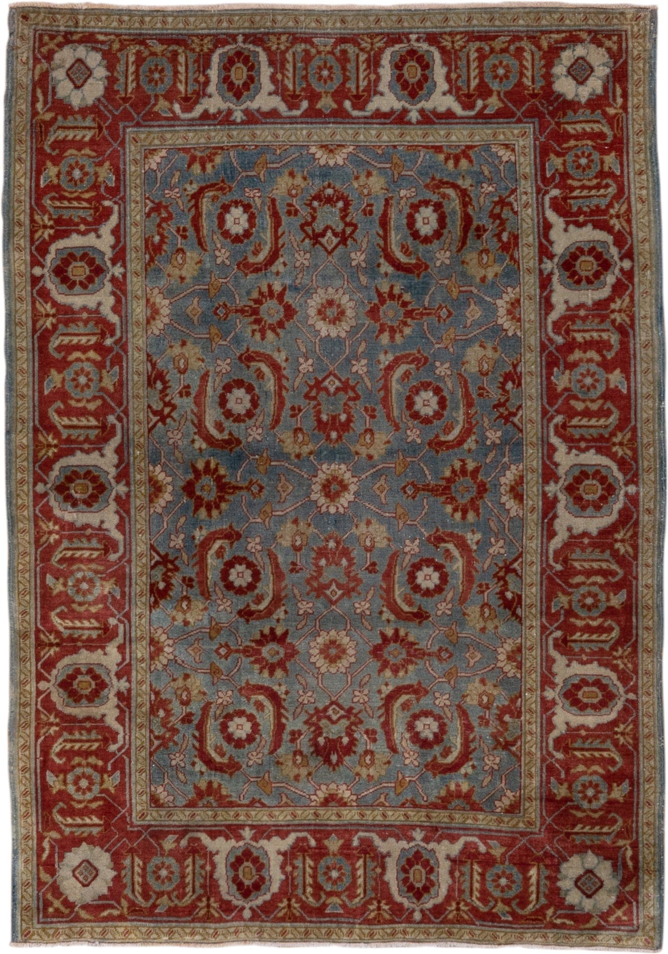 3' x 5' one-of-a-kind handmade antique Sivas small size rug. Color palette: rust, blue, ivory, gold, camel, rose, terracotta