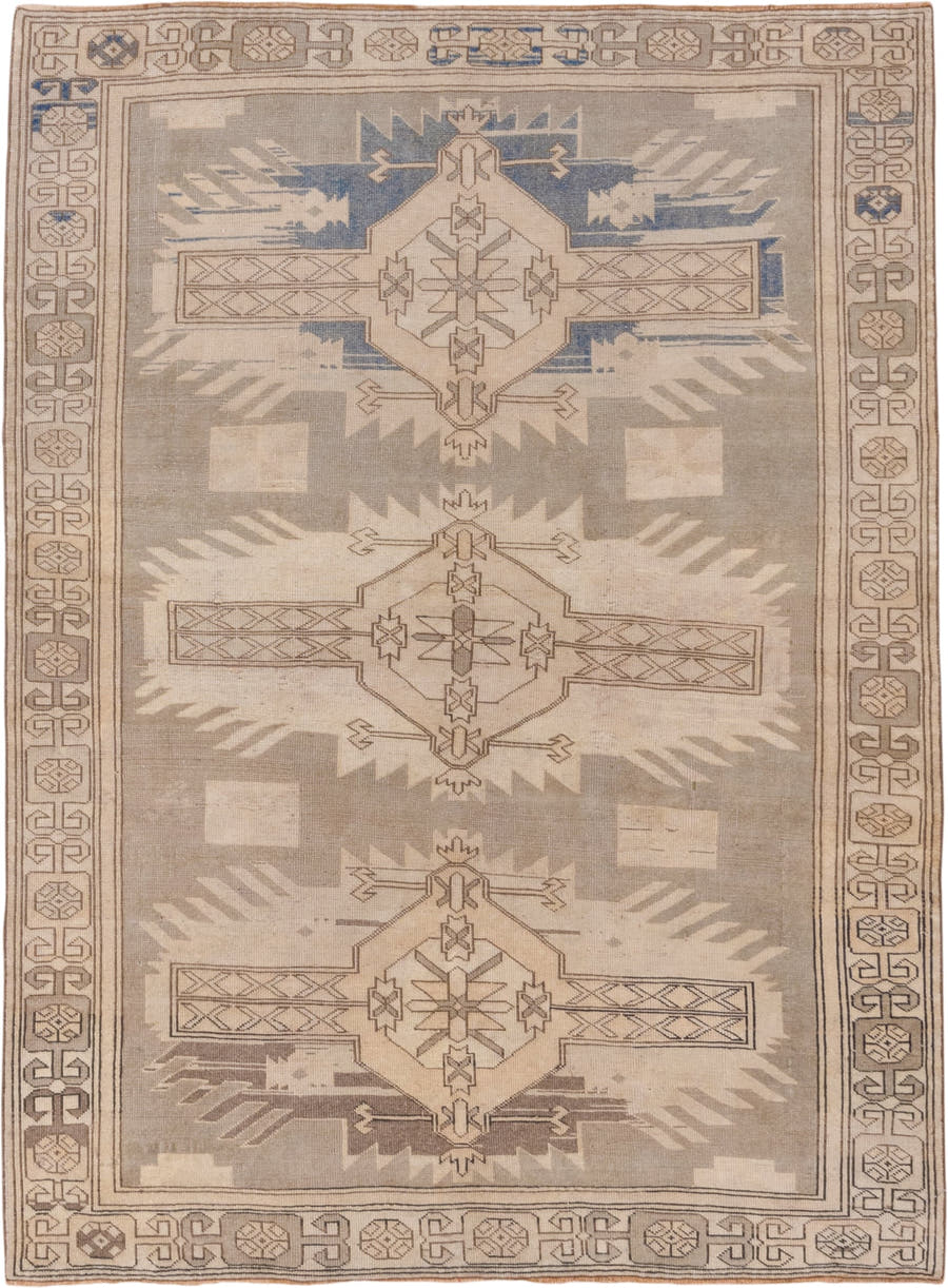 4' x 6' one-of-a-kind handmade antique Oushak small size rug. Color palette: taupe, ivory, beige, blue, camel, brown, gray