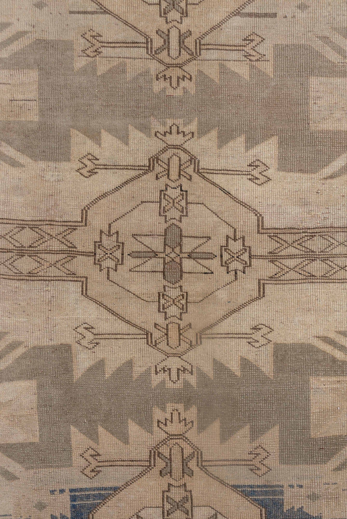 4' x 6' one-of-a-kind handmade antique Oushak small size rug. Color palette: taupe, ivory, beige, blue, camel, brown, gray