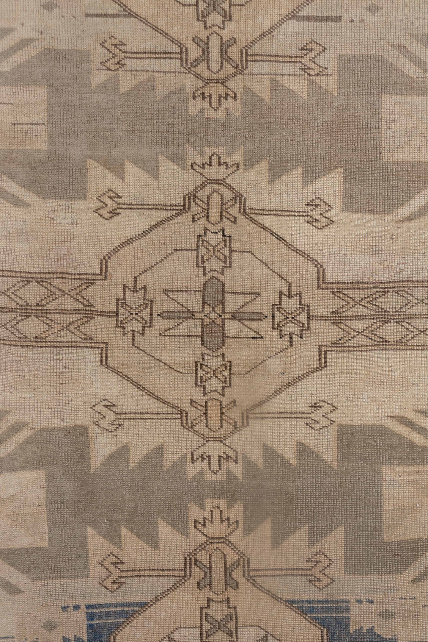 4' x 6' one-of-a-kind handmade antique Oushak small size rug. Color palette: taupe, ivory, beige, blue, camel, brown, gray