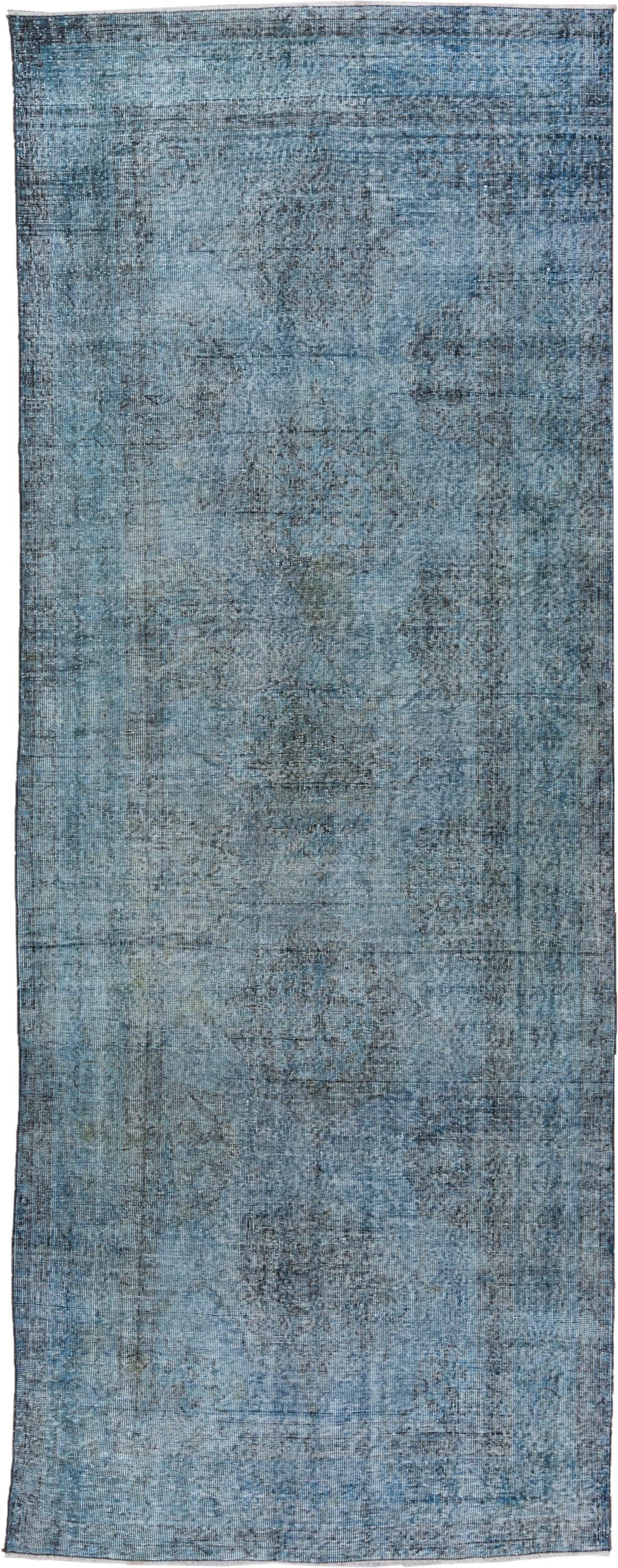 4' x 12' one-of-a-kind handmade vintage Overdyed runner rug. Color palette: sky blue, slate, charcoal, ice blue, light blue