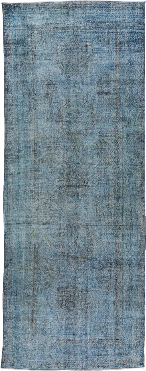 4' x 12' one-of-a-kind handmade vintage Overdyed runner rug. Color palette: sky blue, slate, charcoal, ice blue, light blue