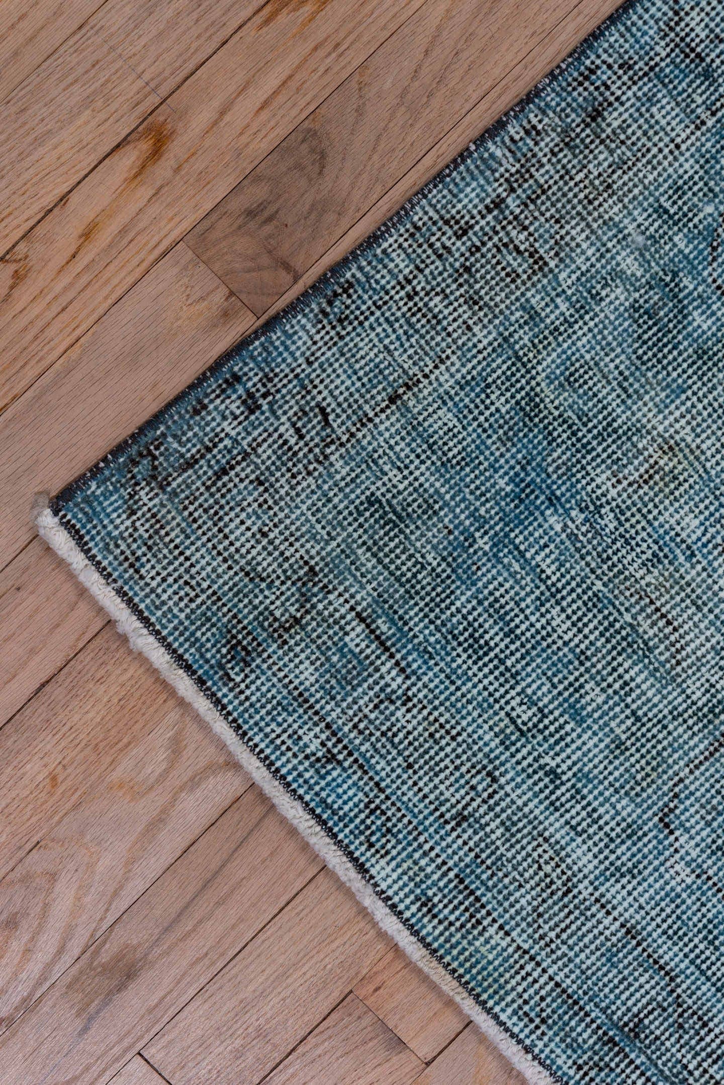 4' x 12' one-of-a-kind handmade vintage Overdyed runner rug. Color palette: sky blue, slate, charcoal, ice blue, light blue