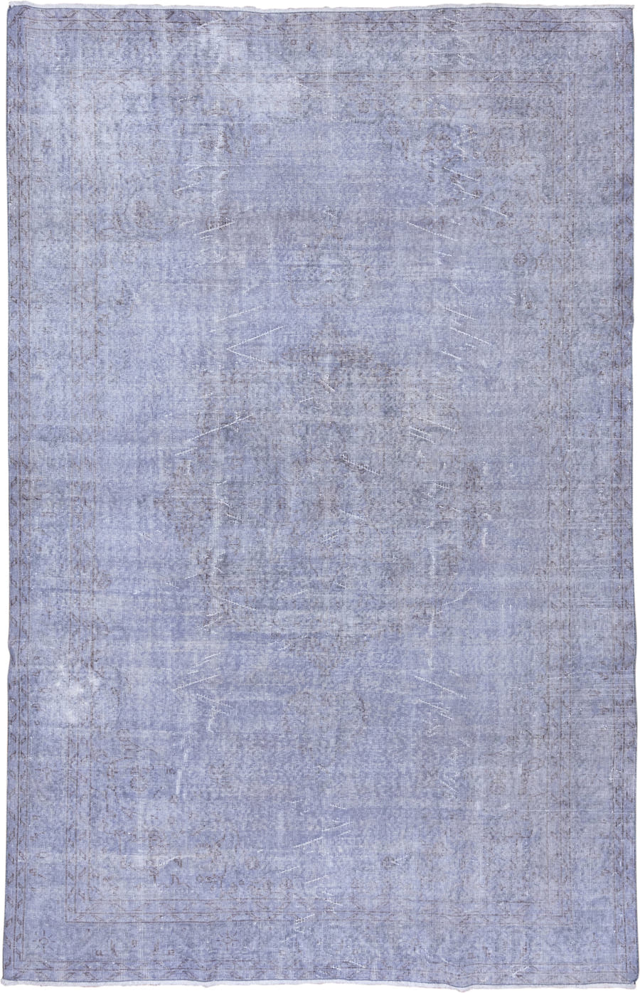 6' x 10' one-of-a-kind handmade vintage Overdyed large size rug. Color palette: lavender, periwinkle, slate, ivory