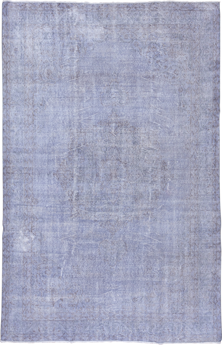 6' x 10' one-of-a-kind handmade vintage Overdyed large size rug. Color palette: lavender, periwinkle, slate, ivory