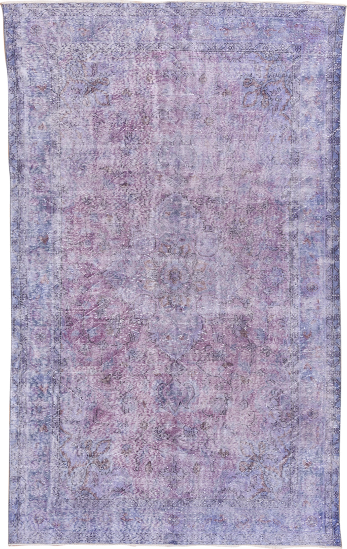 5' x 9' one-of-a-kind handmade vintage Overdyed medium size rug. Color palette: lavender, lilac, periwinkle, ivory, rose
