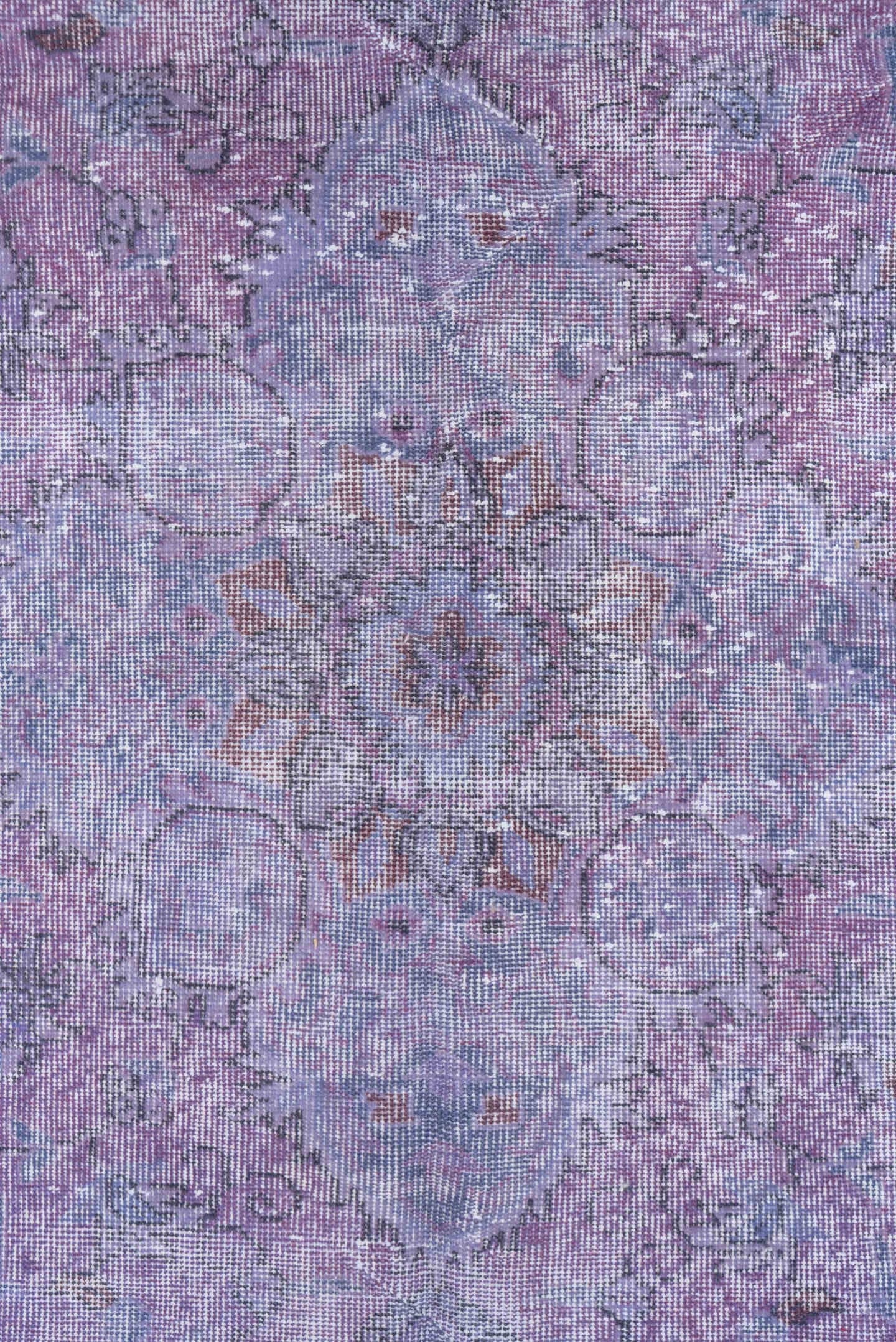5' x 9' one-of-a-kind handmade vintage Overdyed medium size rug. Color palette: lavender, lilac, periwinkle, ivory, rose