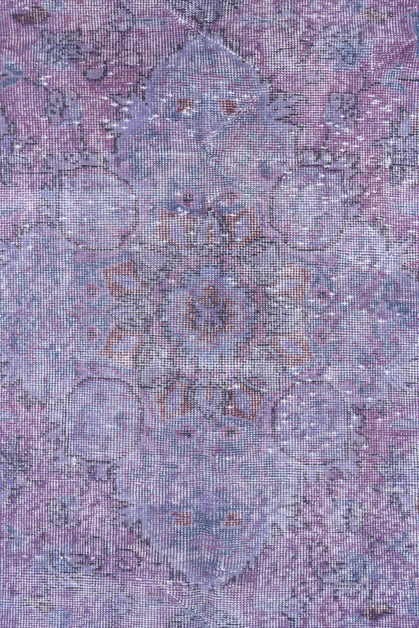 5' x 9' one-of-a-kind handmade vintage Overdyed medium size rug. Color palette: lavender, lilac, periwinkle, ivory, rose