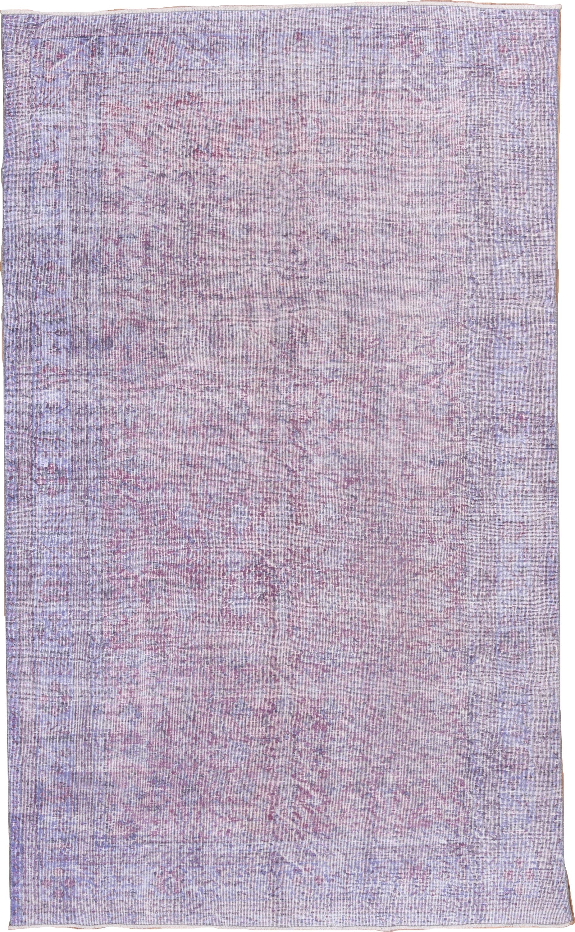 6' x 10' one-of-a-kind handmade vintage Overdyed large size rug. Color palette: lavender, blush, lilac, ivory, rose