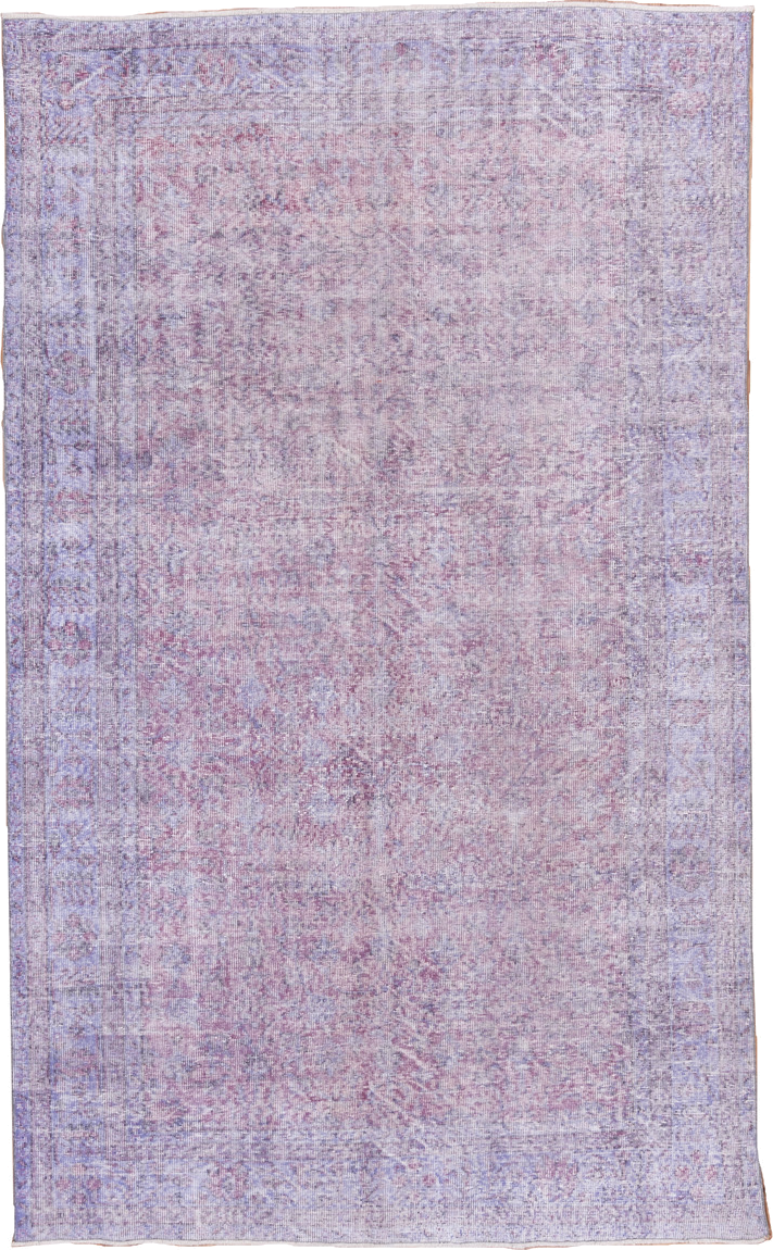 6' x 10' one-of-a-kind handmade vintage Overdyed large size rug. Color palette: lavender, blush, lilac, ivory, rose