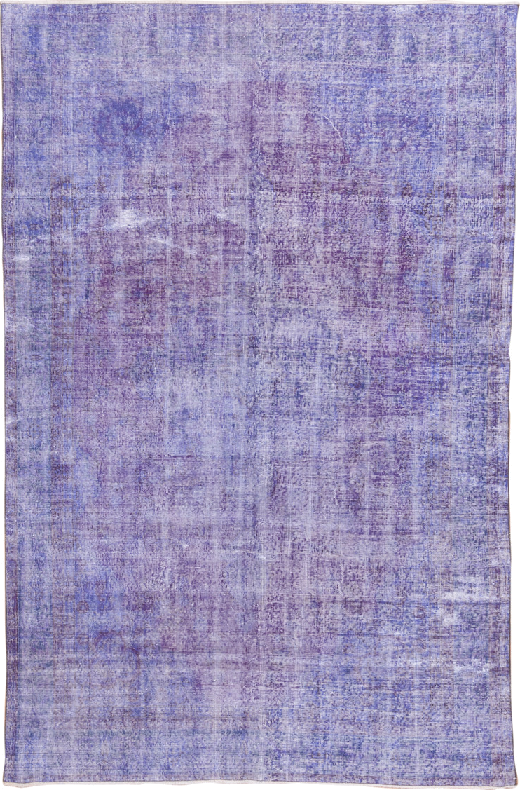 6' x 9' one-of-a-kind handmade vintage Overdyed medium size rug. Color palette: lavender, violet, lilac, ivory, light gray