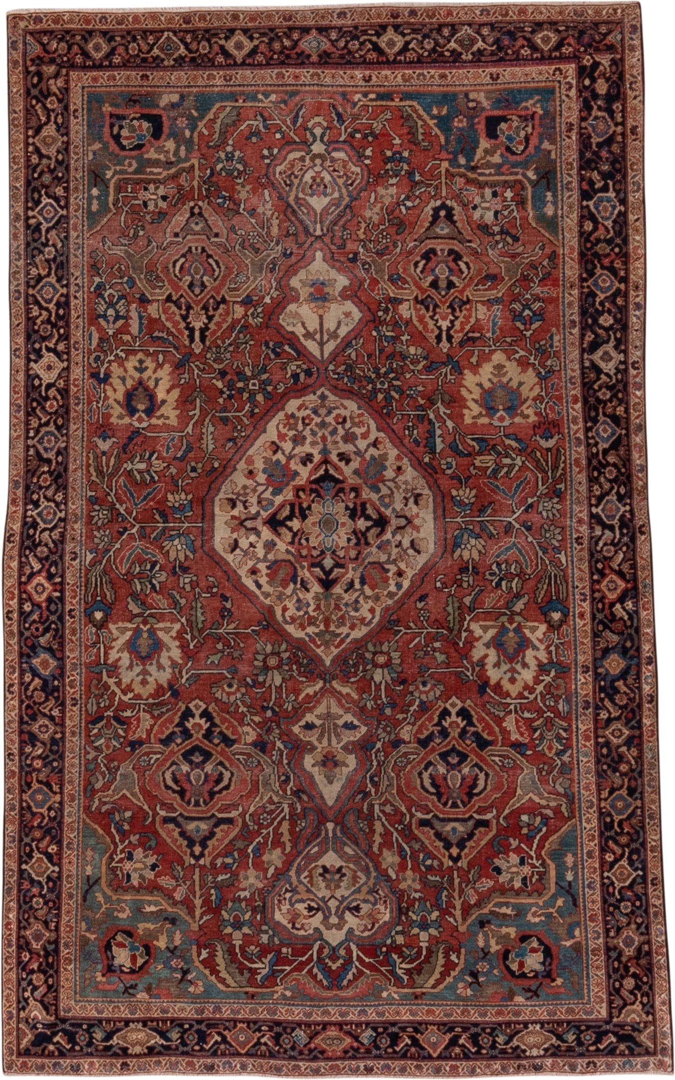 4' x 6' one-of-a-kind handmade antique Far.Sarouk small size rug. Color palette: rust, ivory, navy, soft blue, taupe, camel