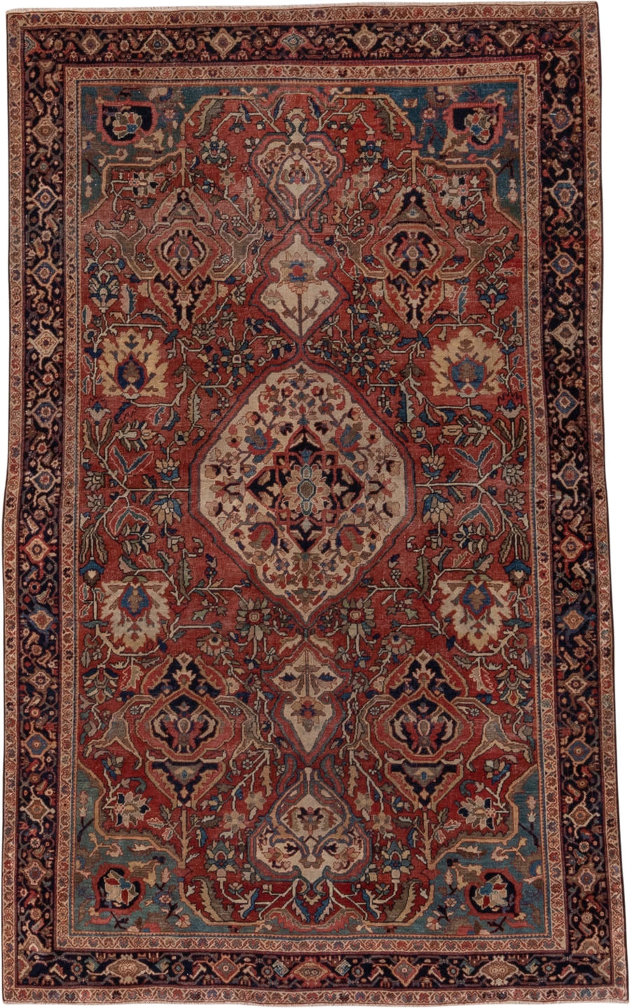 4' x 6' one-of-a-kind handmade antique Far.Sarouk small size rug. Color palette: rust, ivory, navy, soft blue, taupe, camel