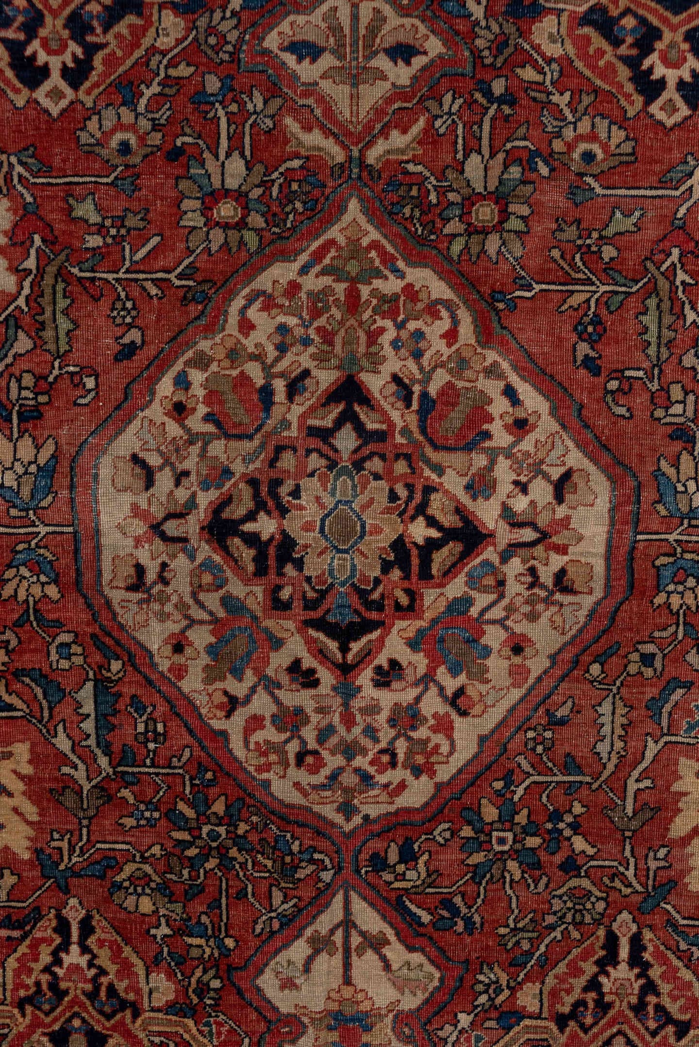 4' x 6' one-of-a-kind handmade antique Far.Sarouk small size rug. Color palette: rust, ivory, navy, soft blue, taupe, camel