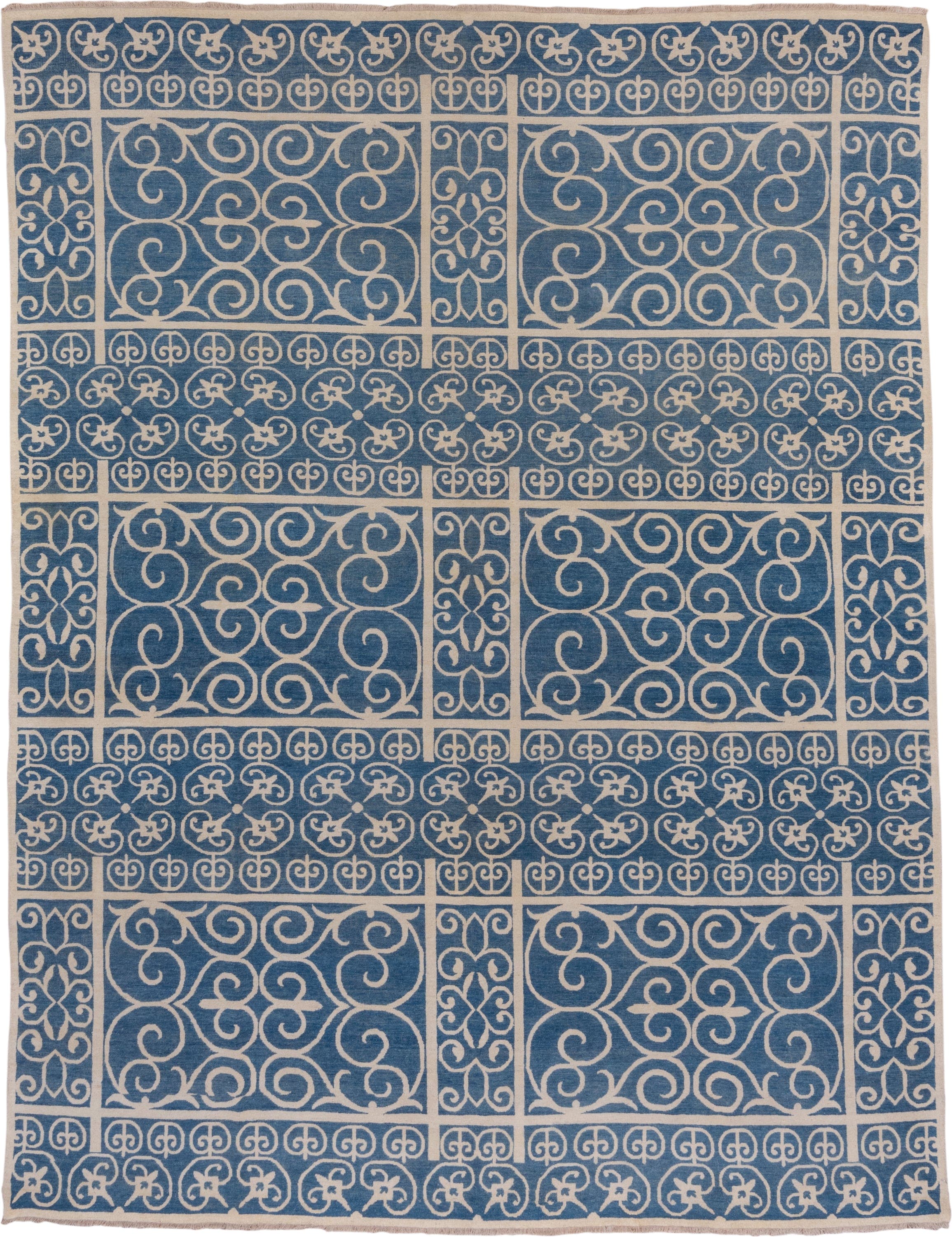 8' x 11' one-of-a-kind handmade handmade Modern large size rug. Color palette: blue, ivory, beige