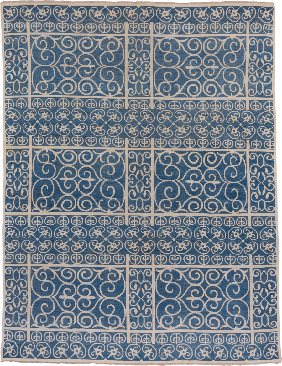 8' x 11' one-of-a-kind handmade handmade Modern large size rug. Color palette: blue, ivory, beige