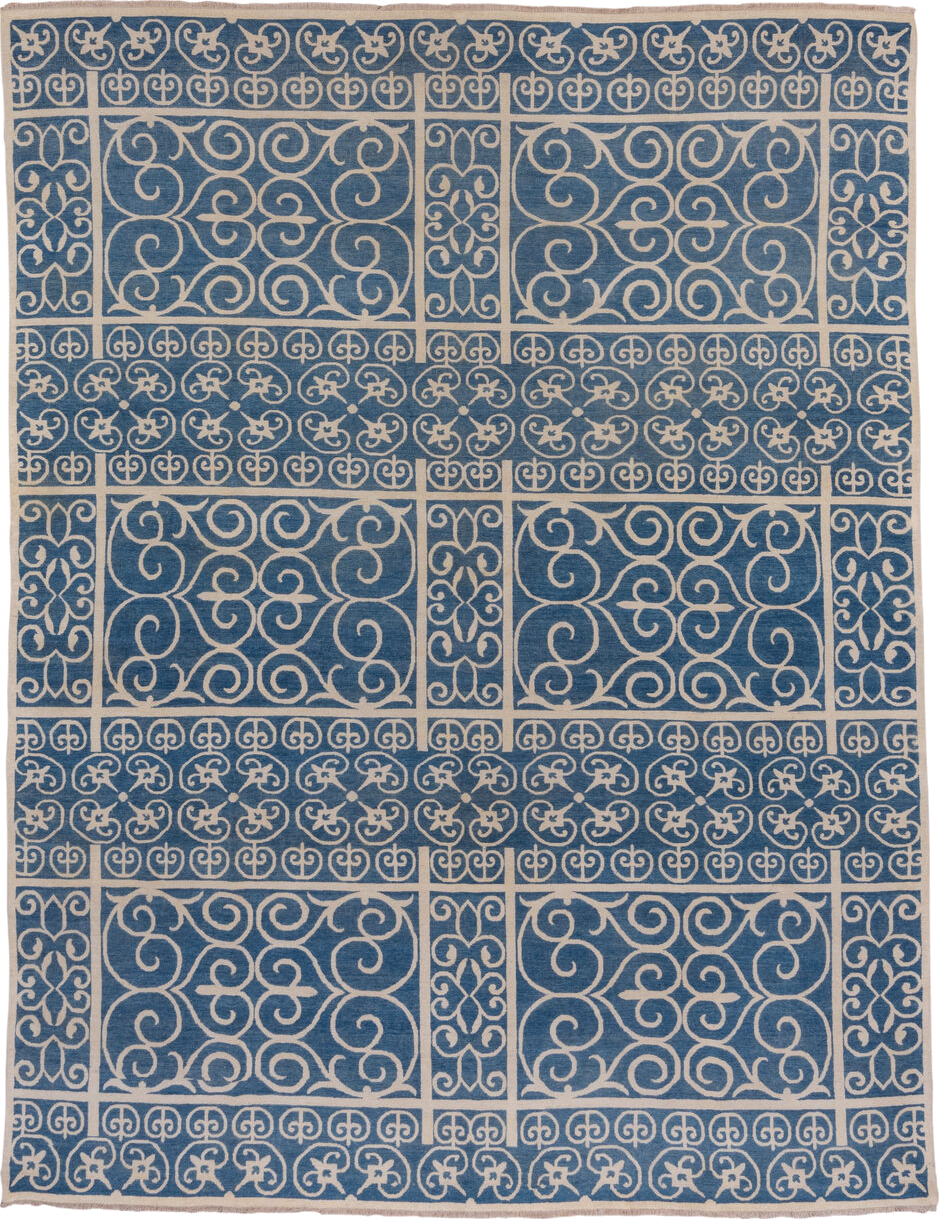 8' x 11' one-of-a-kind handmade handmade Modern large size rug. Color palette: blue, ivory, beige