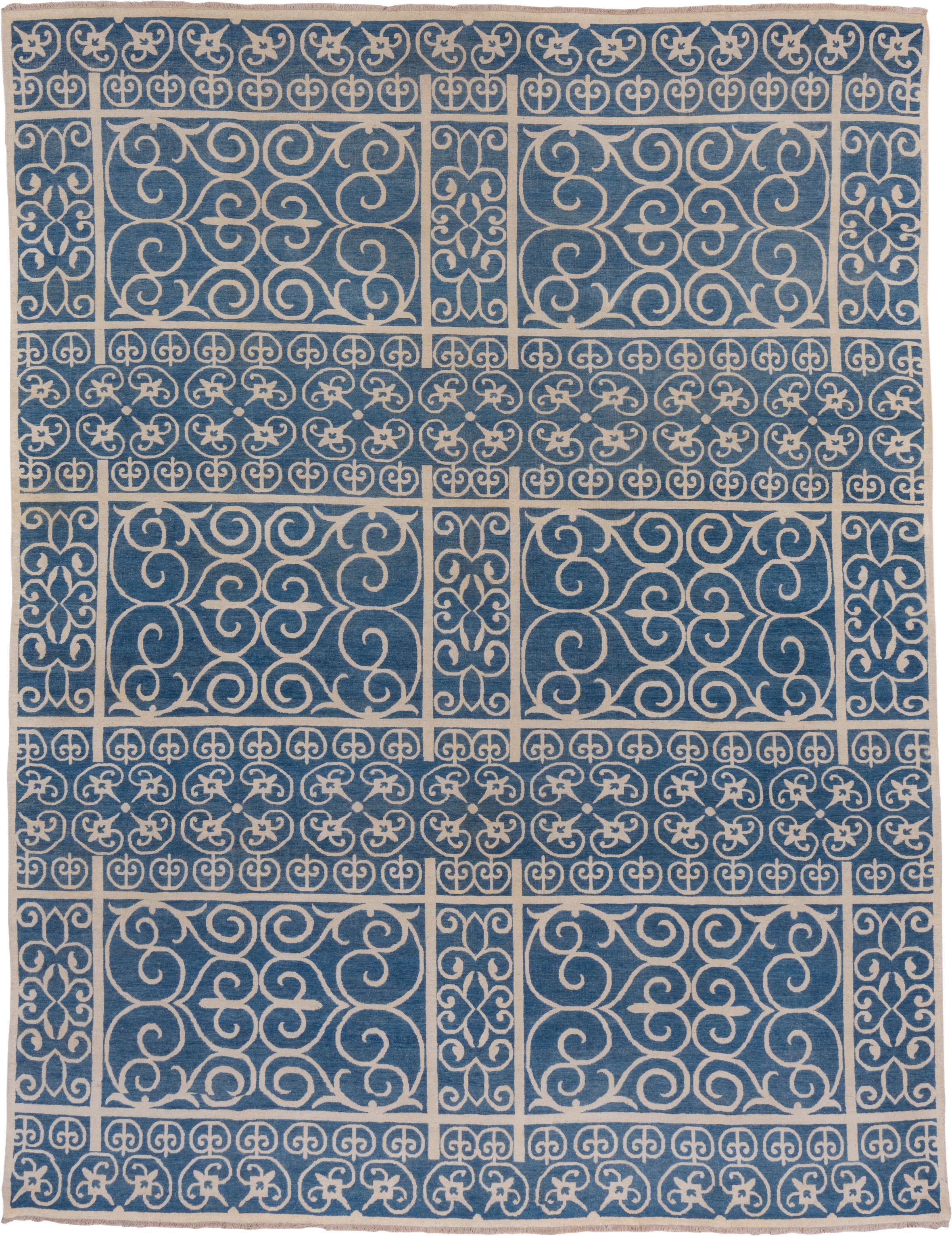 8' x 11' one-of-a-kind handmade handmade Modern large size rug. Color palette: blue, ivory, beige