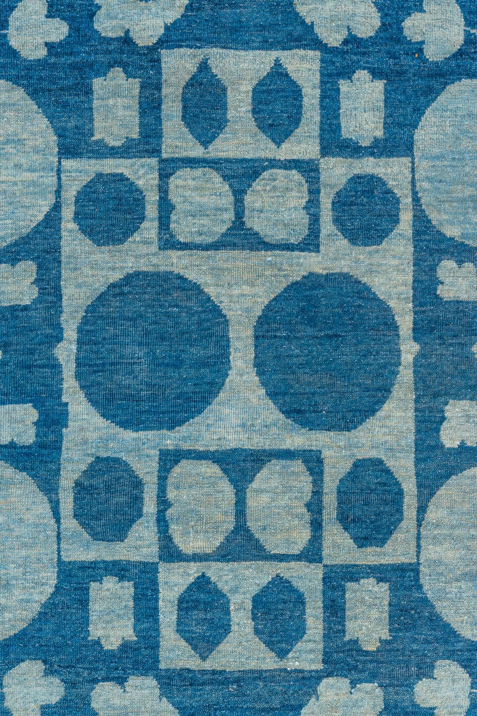 8' x 9' one-of-a-kind handmade handmade Modern rug. Color palette: blue, ivory, sky blue, light blue