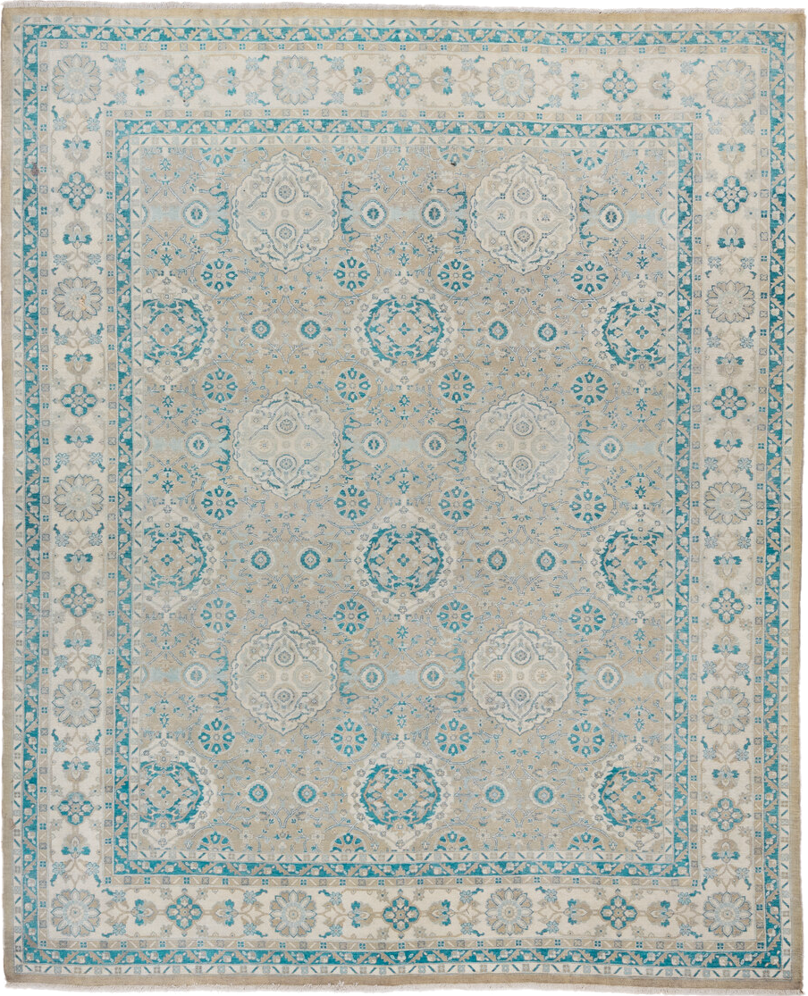 8' x 9' one-of-a-kind handmade vintage Sivas rug. Color palette: ivory, beige, sky blue, taupe, cream, aqua, light blue