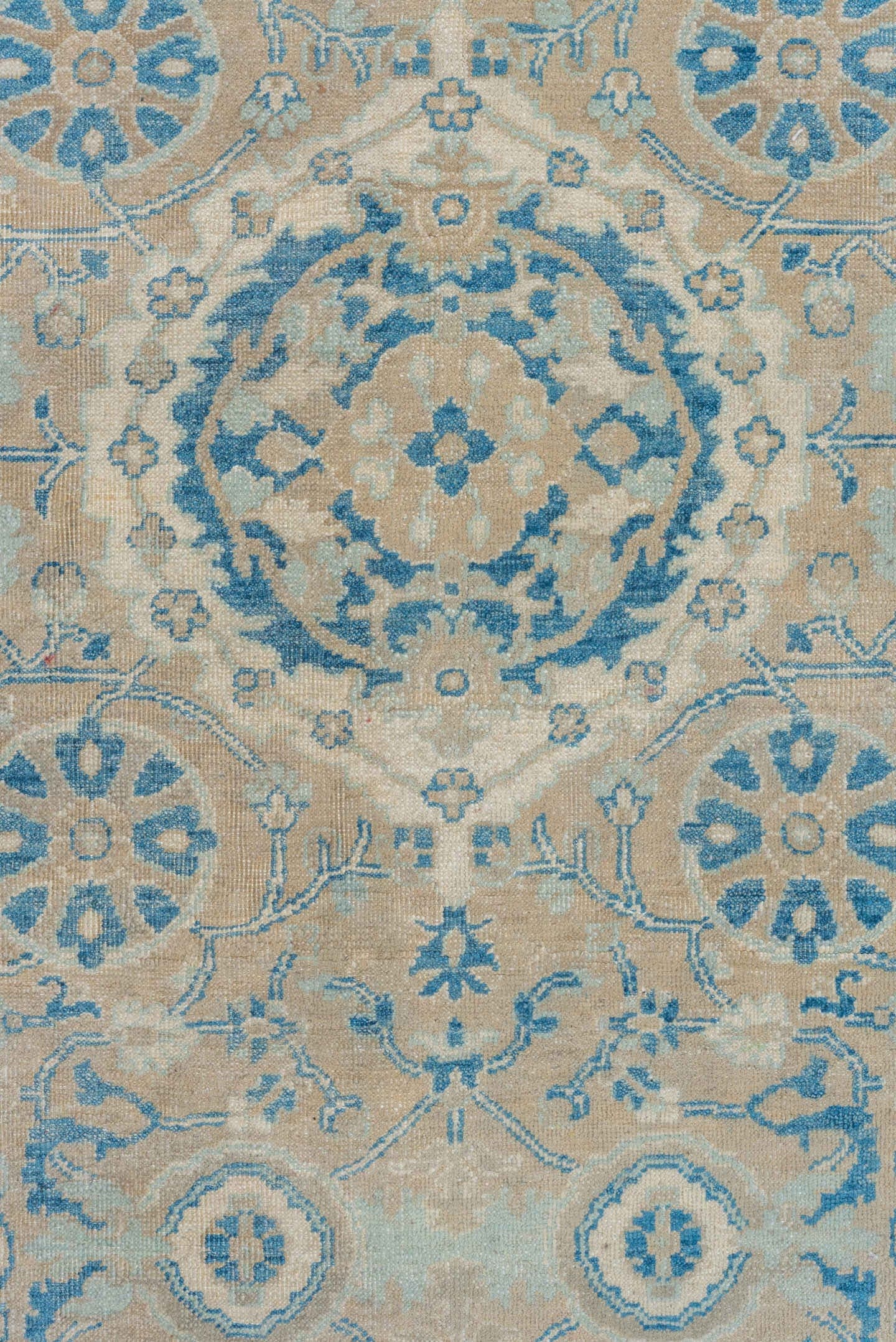 8' x 9' one-of-a-kind handmade vintage Sivas rug. Color palette: ivory, beige, sky blue, taupe, cream, aqua, light blue