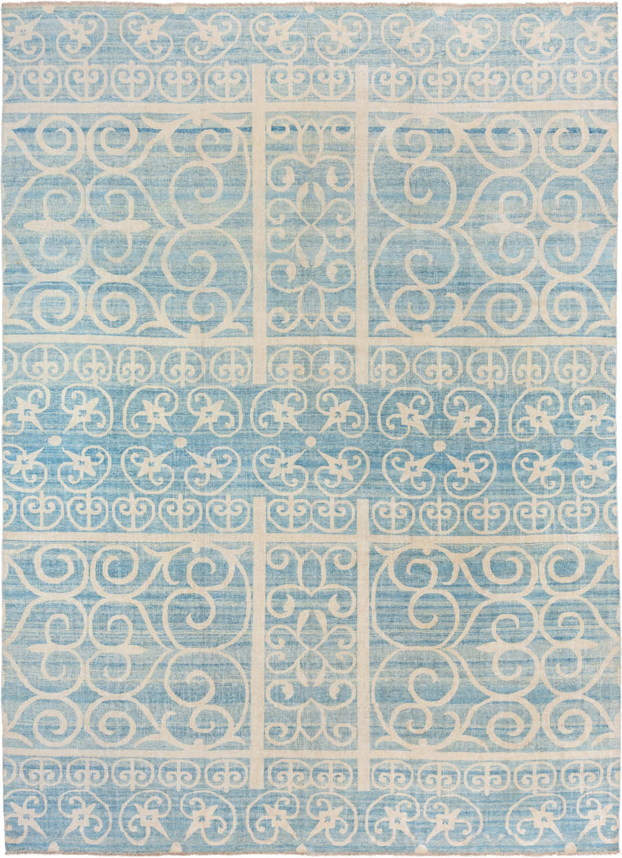 10' x 13' one-of-a-kind handmade vintage Khotan large size rug. Color palette: sky blue, ivory, cream, light blue
