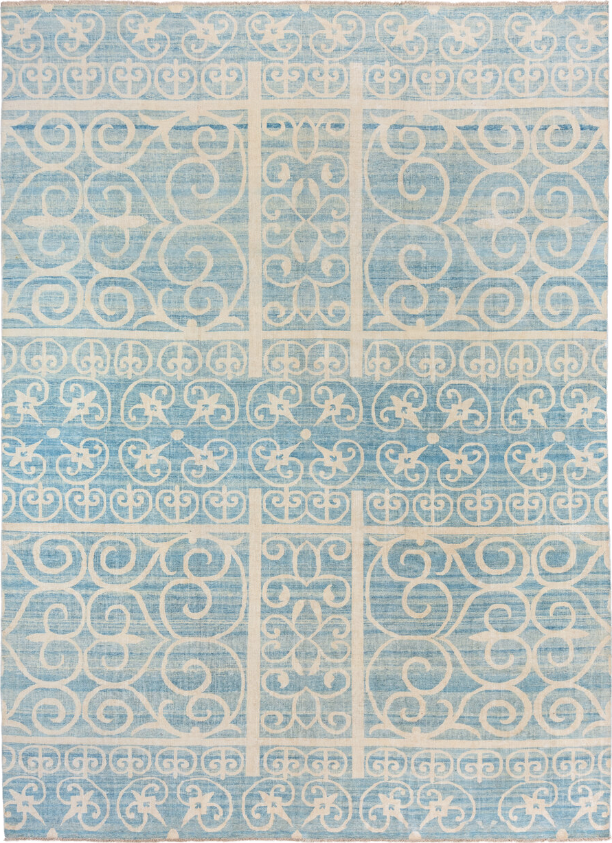 10' x 13' one-of-a-kind handmade vintage Khotan large size rug. Color palette: sky blue, ivory, cream, light blue