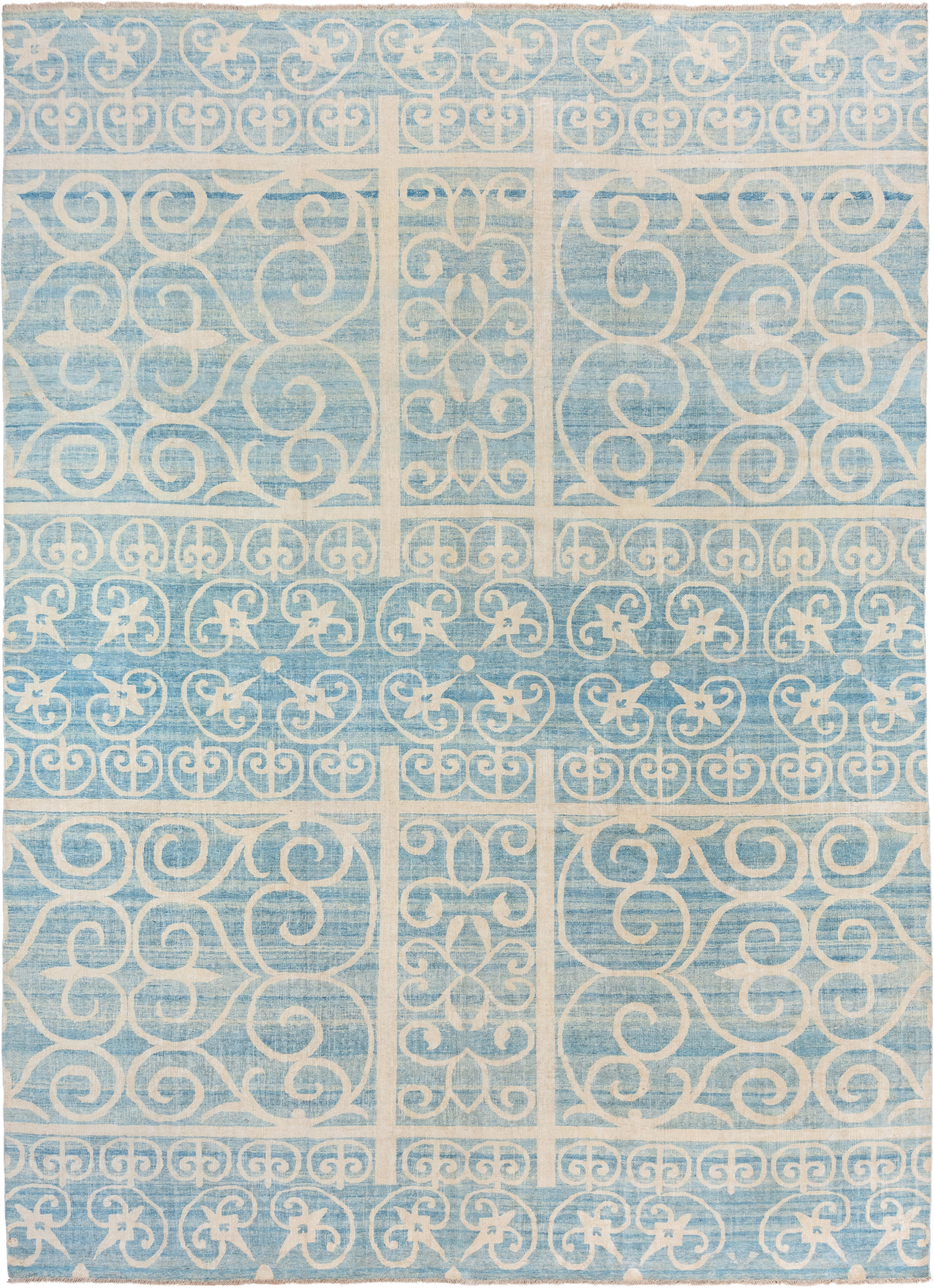 10' x 13' one-of-a-kind handmade vintage Khotan large size rug. Color palette: sky blue, ivory, cream, light blue