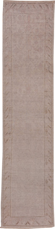 2' x 12' one-of-a-kind handmade vintage Khotan runner rug. Color palette: taupe, beige, camel, rose, ivory, gray, pink, red