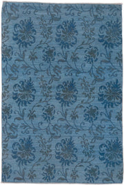4' x 5' one-of-a-kind handmade vintage Overdyed small size rug. Color palette: sky blue, slate blue, steel blue, charcoal