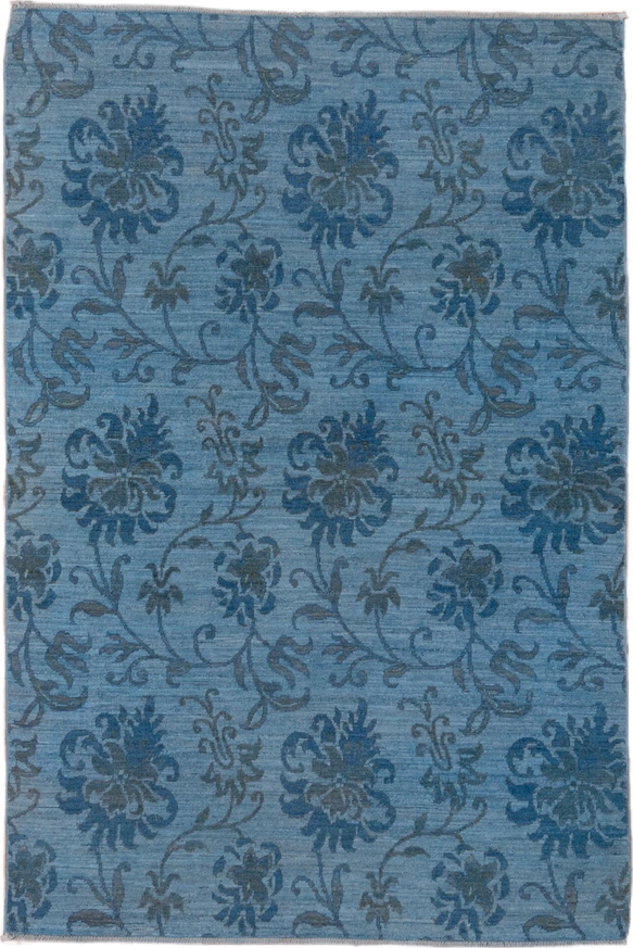4' x 5' one-of-a-kind handmade vintage Overdyed small size rug. Color palette: sky blue, slate blue, steel blue, charcoal