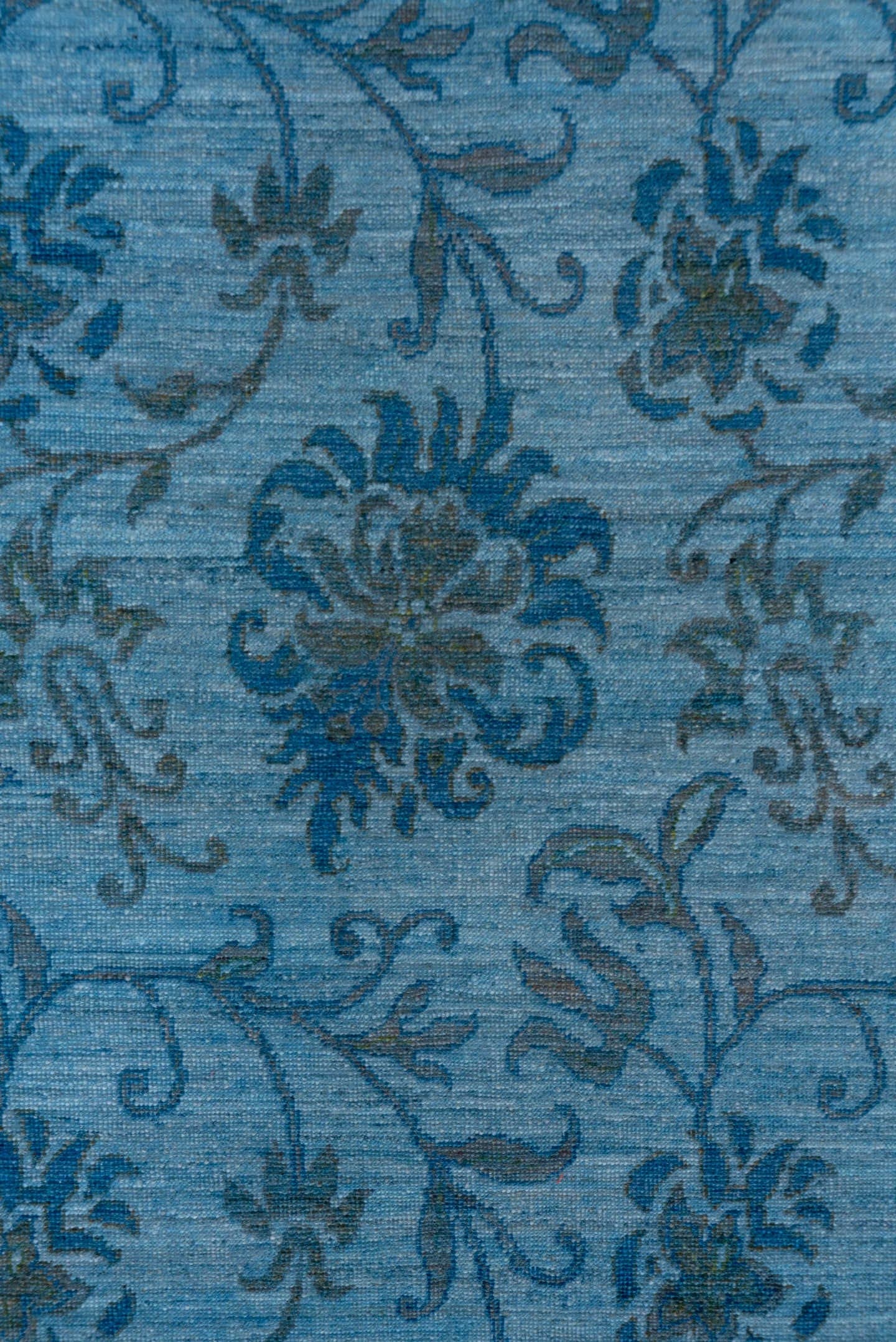 4' x 5' one-of-a-kind handmade vintage Overdyed small size rug. Color palette: sky blue, slate blue, steel blue, charcoal