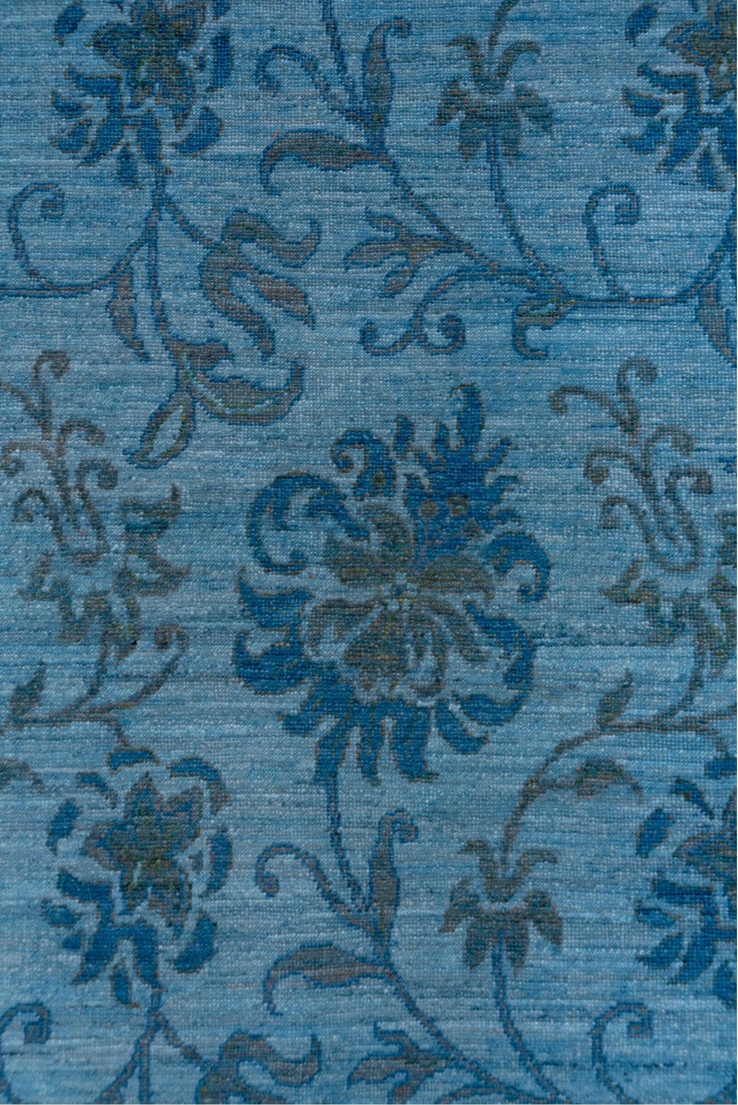 4' x 5' one-of-a-kind handmade vintage Overdyed small size rug. Color palette: sky blue, slate blue, steel blue, charcoal