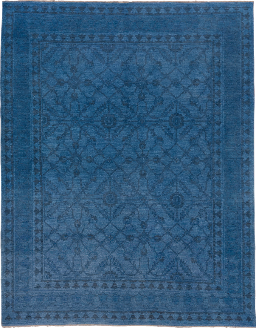 7' x 10' one-of-a-kind handmade vintage Overdyed large size rug. Color palette: arapawa, blue, gray