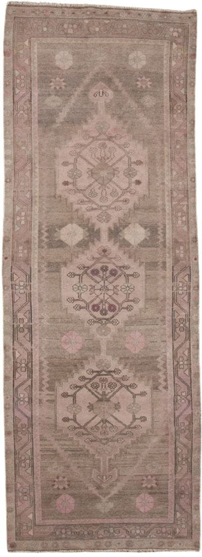 3' x 9' one-of-a-kind handmade antique Malayer runner rug. Color palette: taupe, dusty rose, blush, mauve, ivory, brown