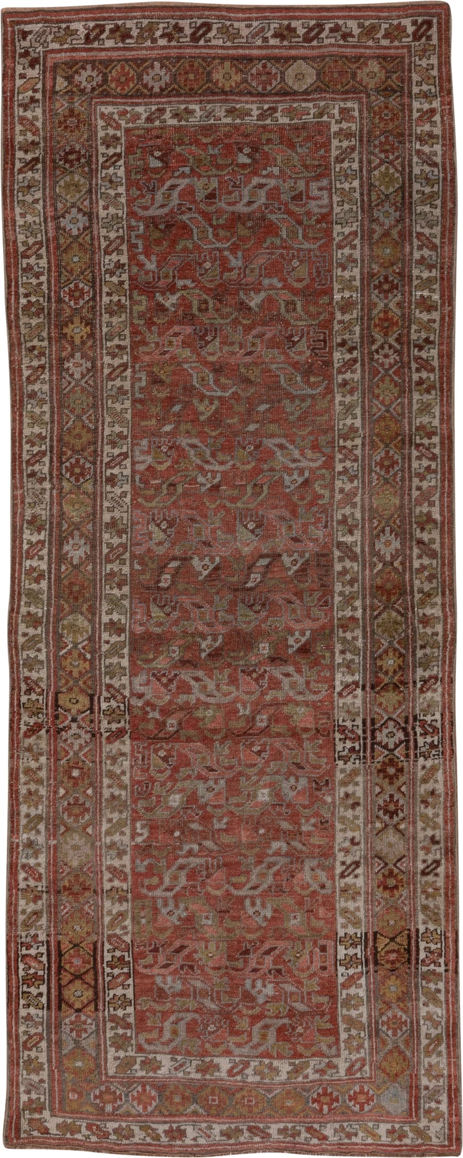 3' x 9' one-of-a-kind handmade antique Bidjar runner rug. Color palette: rust, ivory, taupe, sage, terra cotta, gold, brown
