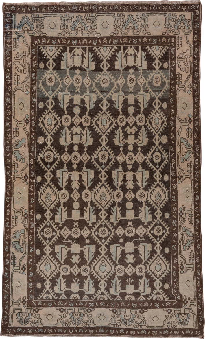 4' x 6' one-of-a-kind handmade antique Hamadan small size rug. Color palette: brown, ivory, taupe, sky blue, camel, beige