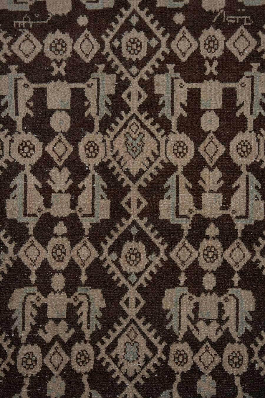 4' x 6' one-of-a-kind handmade antique Hamadan small size rug. Color palette: brown, ivory, taupe, sky blue, camel, beige