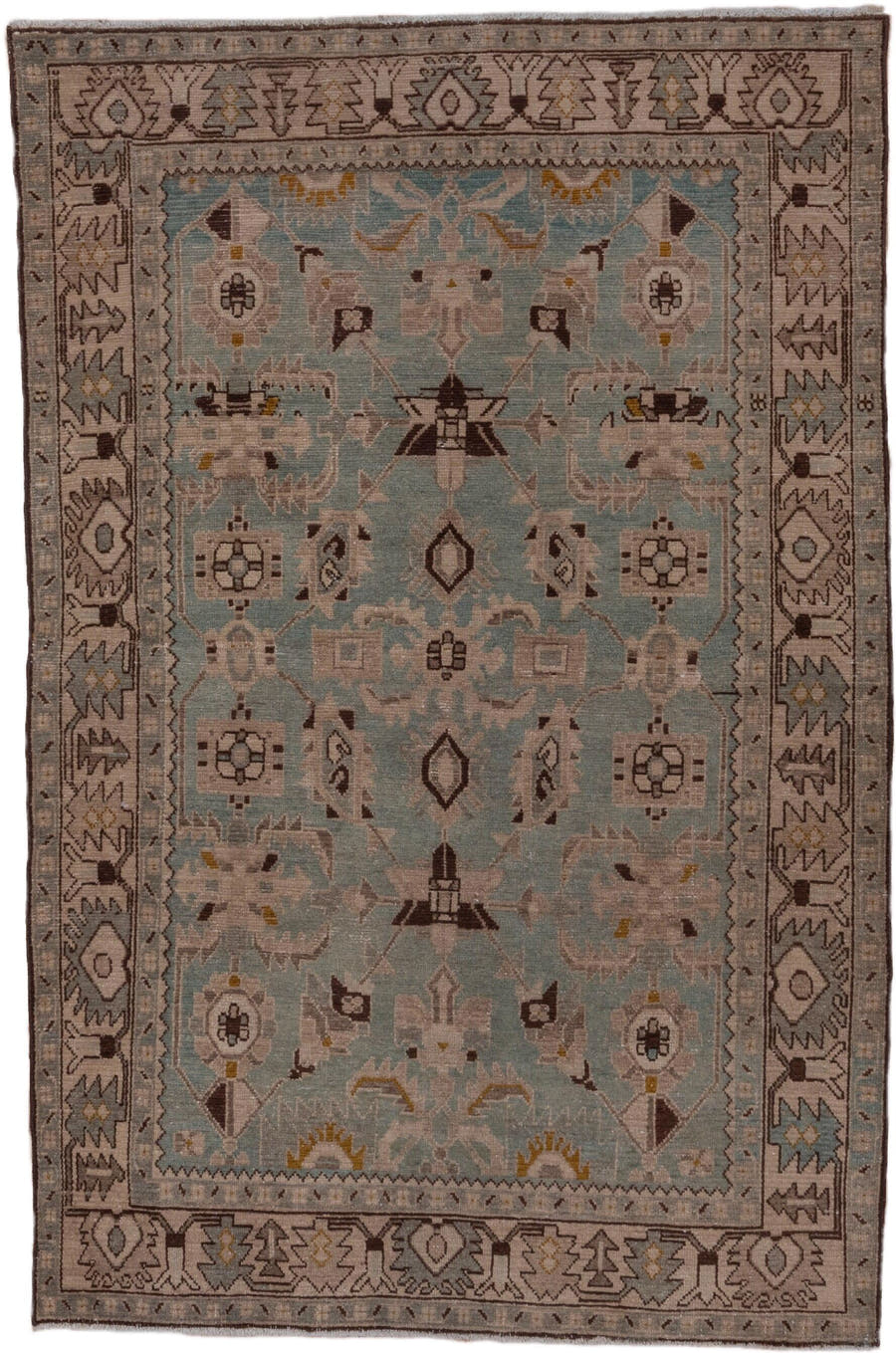 4' x 6' one-of-a-kind handmade antique Malayer rug. Color palette: light blue, ivory, taupe, brown, gold, charcoal, beige