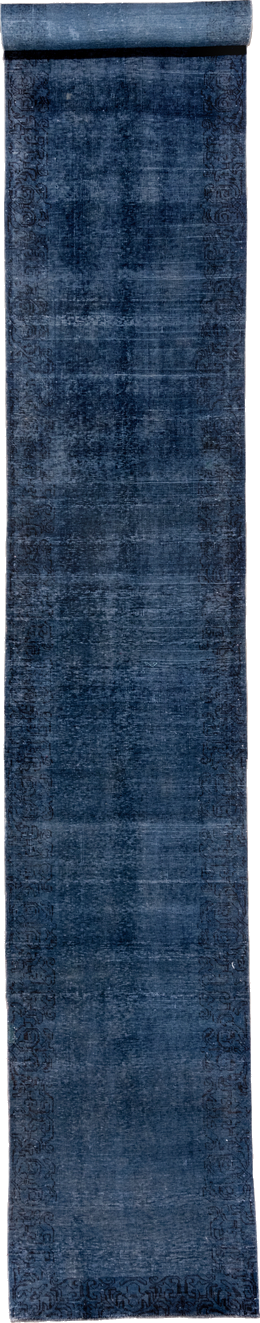 3' x 19' one-of-a-kind handmade vintage Overdyed runner rug. Color palette: blue, fiord, gray, light gray, off-white, silver