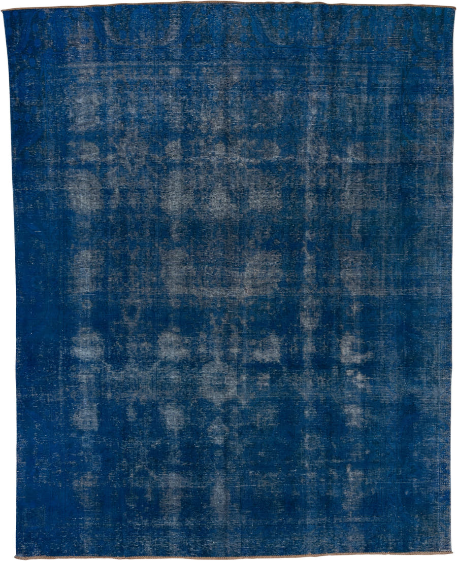 9' x 11' one-of-a-kind handmade vintage Overdyed large size rug. Color palette: cobalt, navy, slate, charcoal, ivory, blue