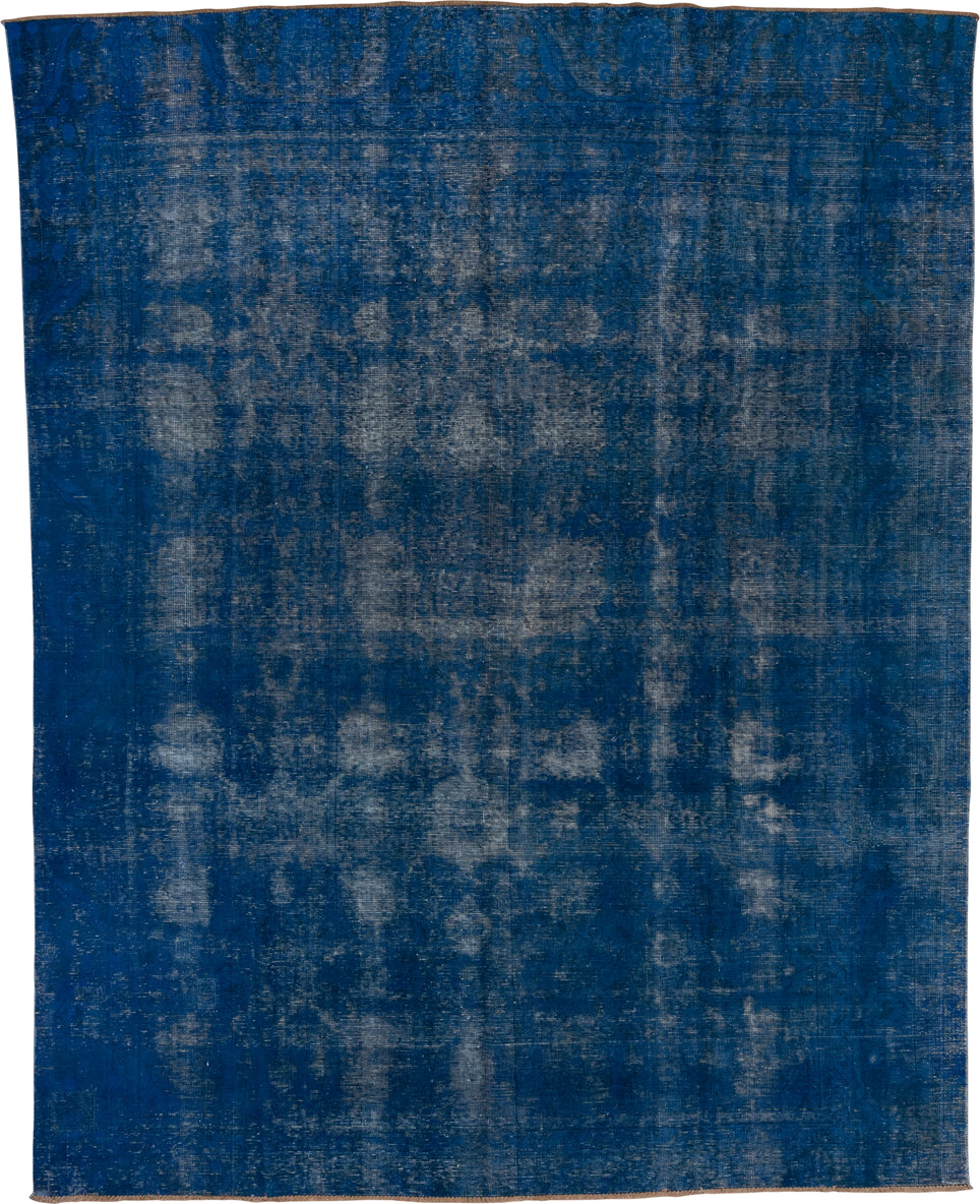 9' x 11' one-of-a-kind handmade vintage Overdyed large size rug. Color palette: cobalt, navy, slate, charcoal, ivory, blue