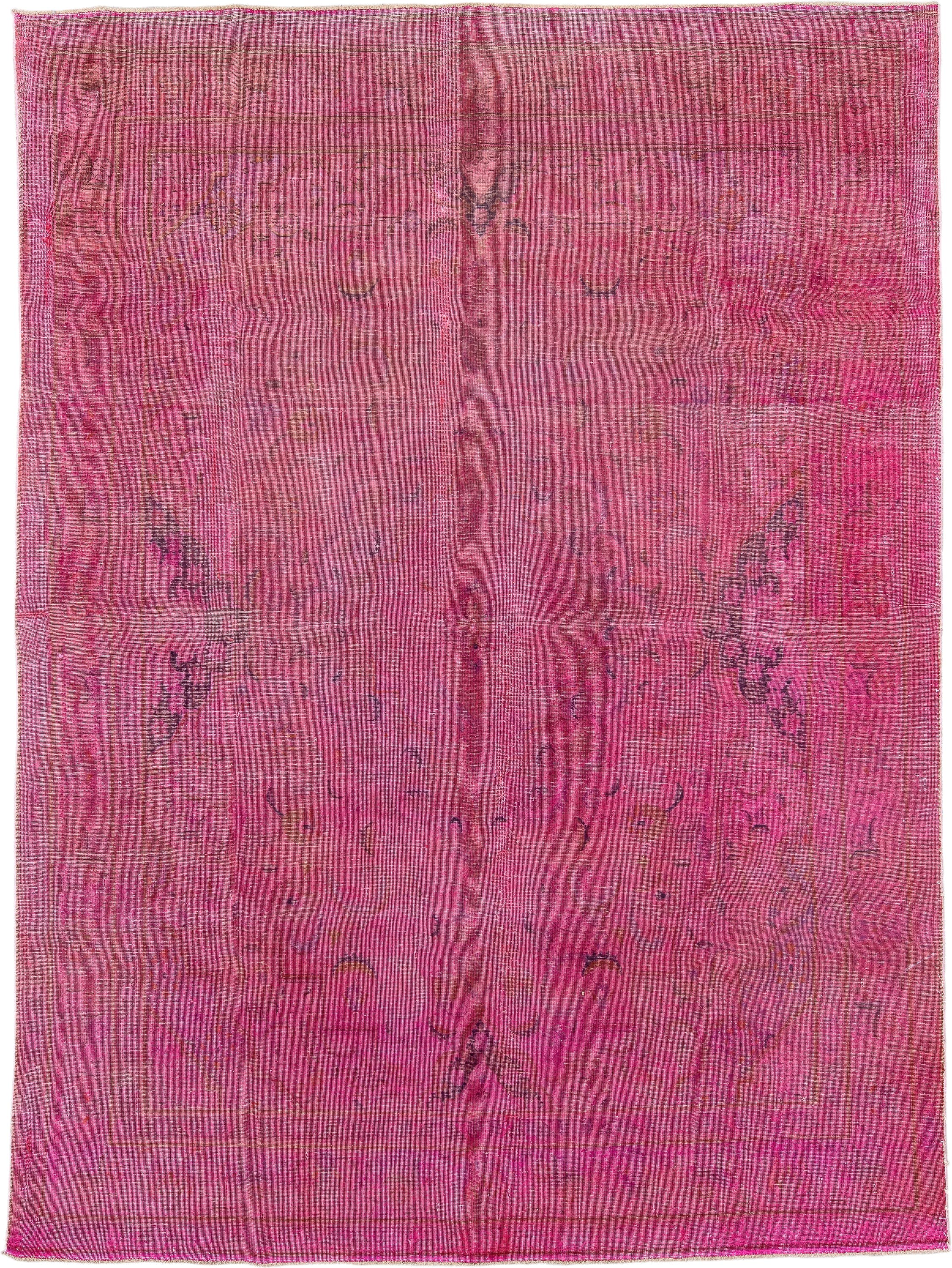9' x 13' one-of-a-kind handmade vintage Overdyed large size rug. Color palette: pink, fuchsia, rose, magenta, plum, mauve