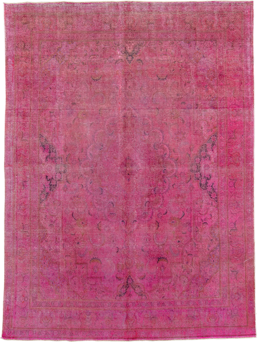 9' x 13' one-of-a-kind handmade vintage Overdyed large size rug. Color palette: pink, fuchsia, rose, magenta, plum, mauve